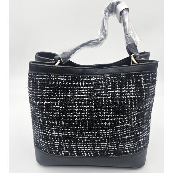 Jen & Co Tweed Bucket Handbag Classic Contemporary Vegan Preppy Minimalist Chic - Picture 1 of 12